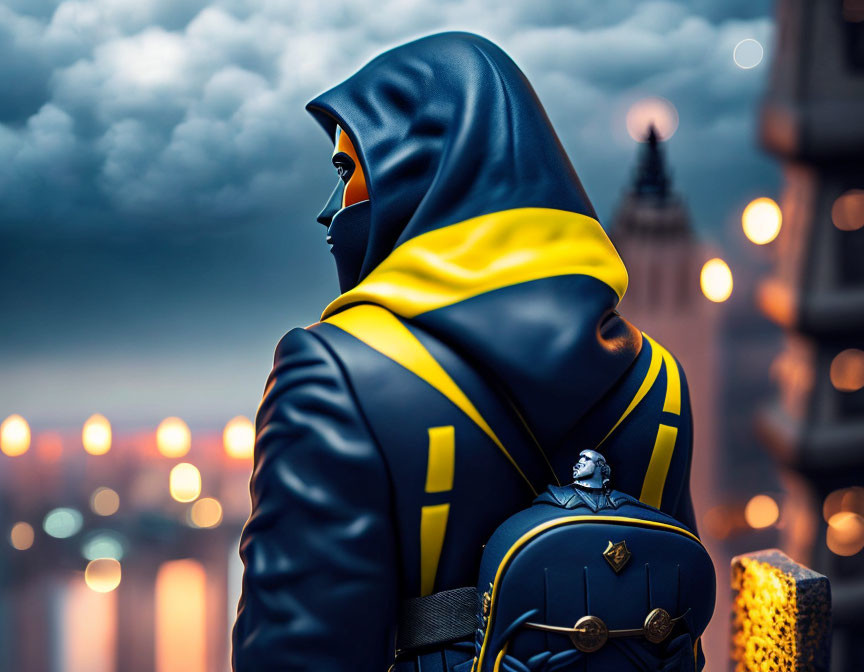 Hooded figure overlooking cityscape at twilight