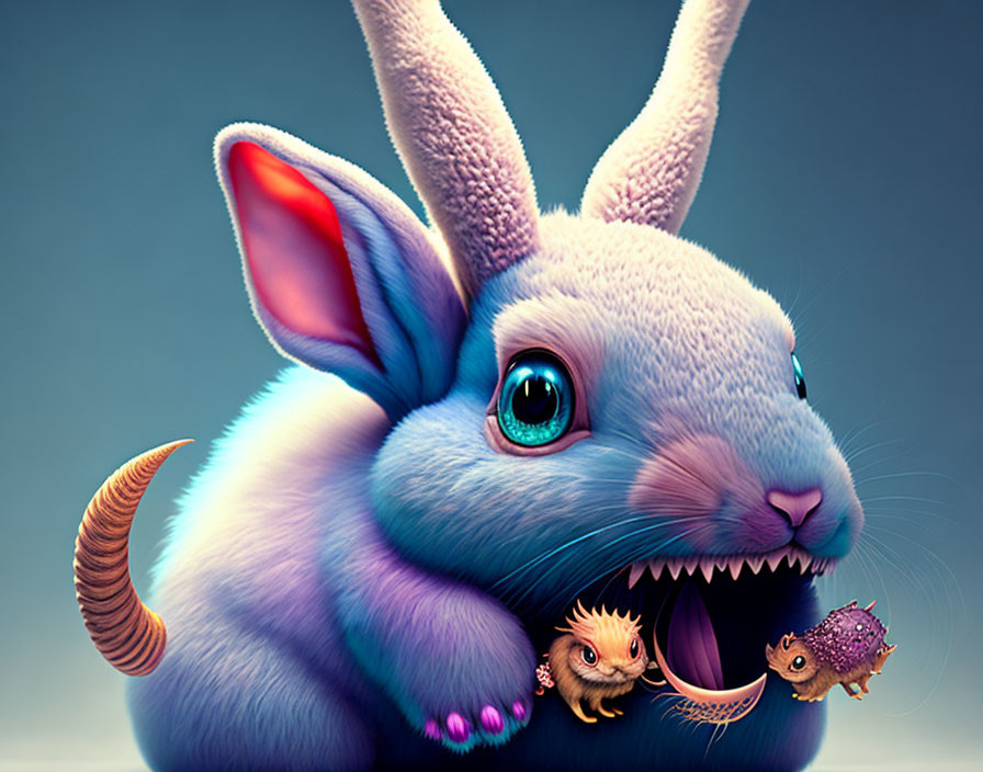 Fantastical blue rabbit with large ears and sharp teeth in whimsical setting