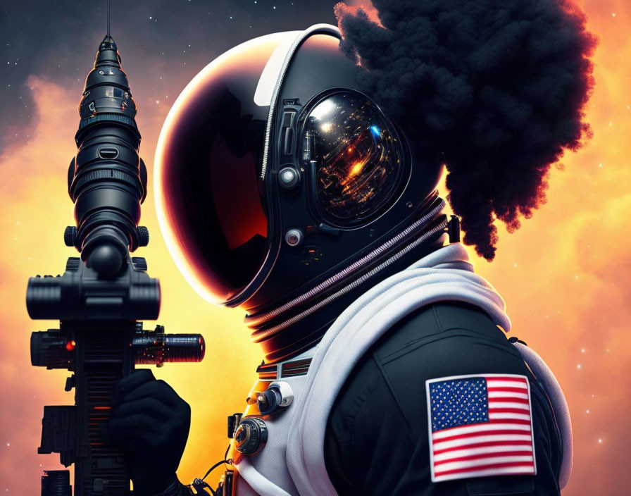 Astronaut with reflective helmet visor and afro hairstyle in front of rocket