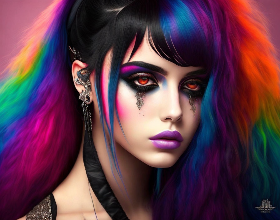 Vibrant multicolored hair and dramatic makeup with teardrop glitter under the eyes.