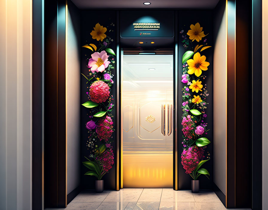 Brightly Lit Elevator Interior with Vibrant Flowers and Plants