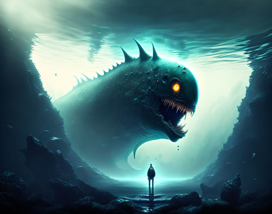 Surreal underwater scene with person and menacing fish-like creature