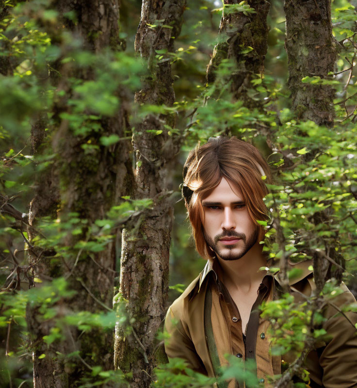 Bearded man with long hair in forest among sunlit trees