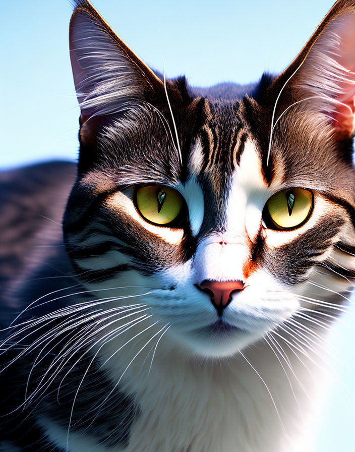 Domestic cat with green eyes, white fur, striped markings, pink nose