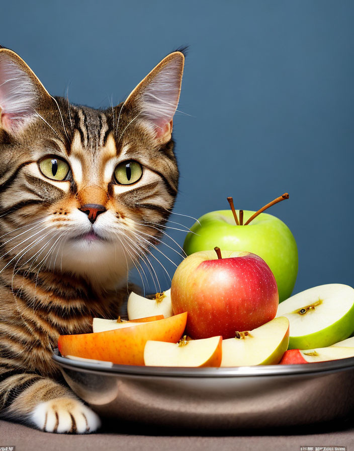 Tabby Cat with Green Eyes and Apples on Plate against Blue Background