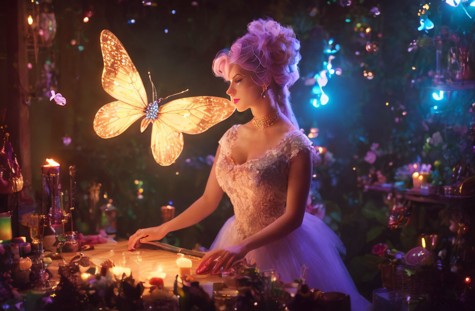 Vintage dress woman gazes at glowing butterfly in magical setting