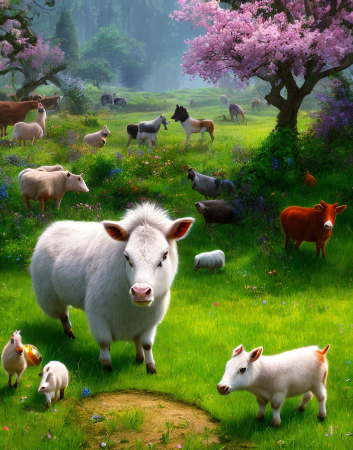 Rural landscape with white calf, farm animals, blossoming trees, and lush meadow