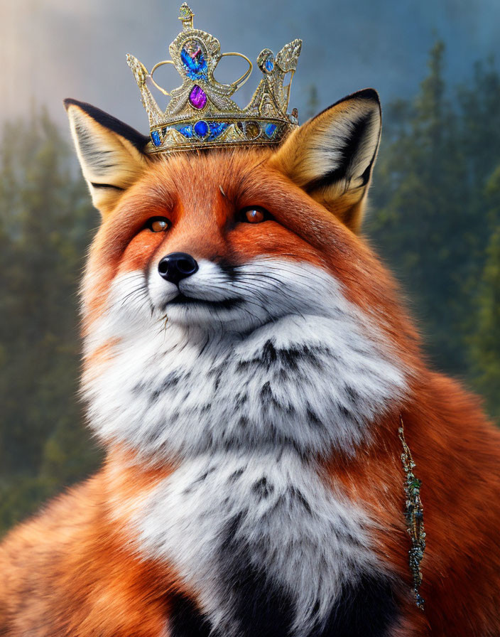 Majestic fox with orange fur and jeweled crown in misty forest