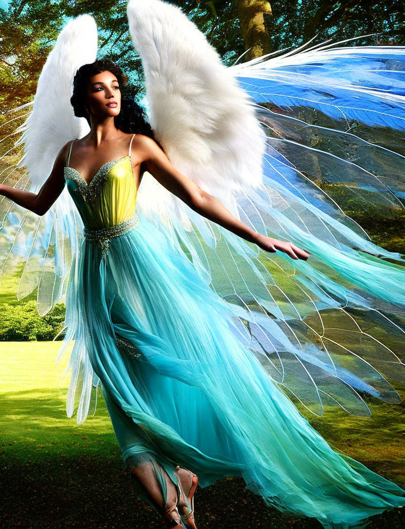 Woman in blue and green dress with white and blue wings in sunlit forest.