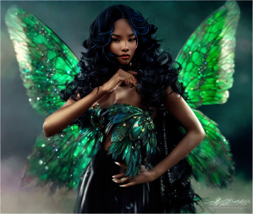 Fantasy illustration of fairy with green wings in black and green outfit