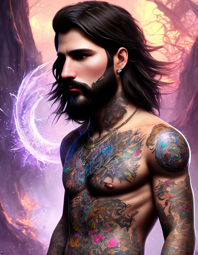 Bearded man with tattoos in mystical purple setting