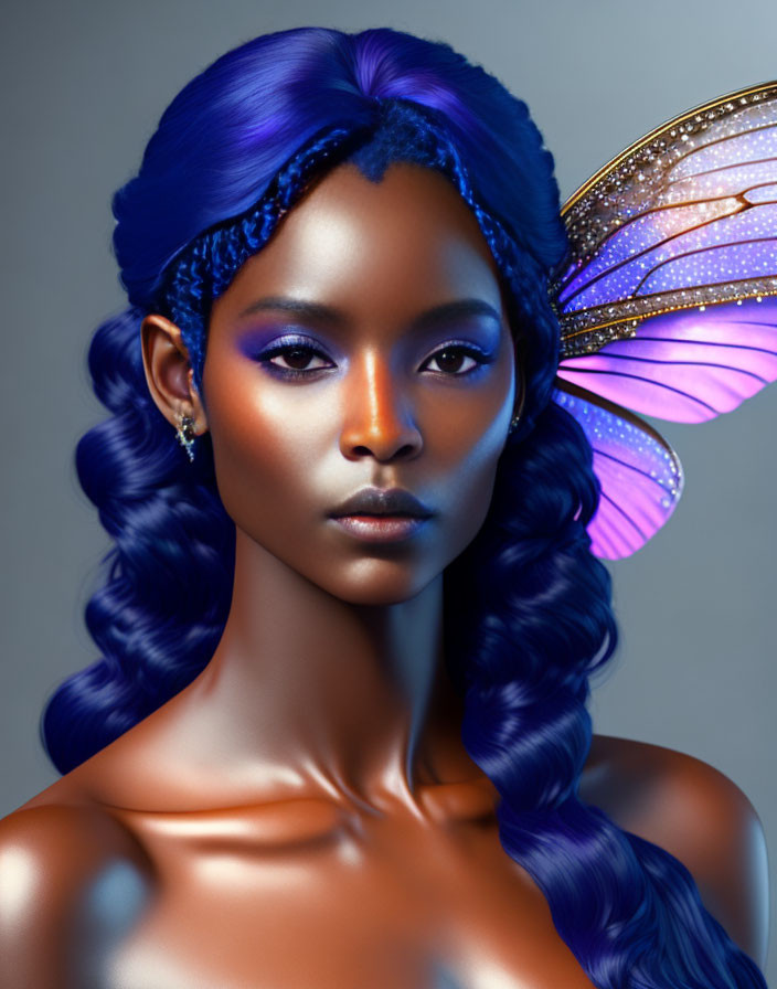 Digital Artwork: Woman with Blue-Purple Hair and Butterfly Wing Earring