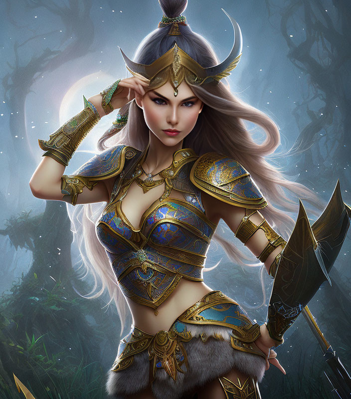 Fantasy warrior woman with crescent moon headpiece and spear in mystical forest