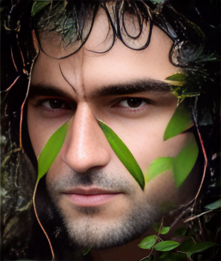 Man's face obscured by leaves, intense eyes and wild hair