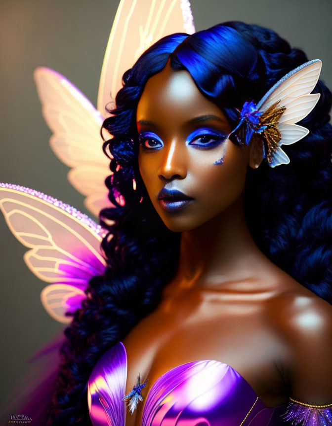 Fantastical portrait of woman with vibrant blue skin and butterfly wings