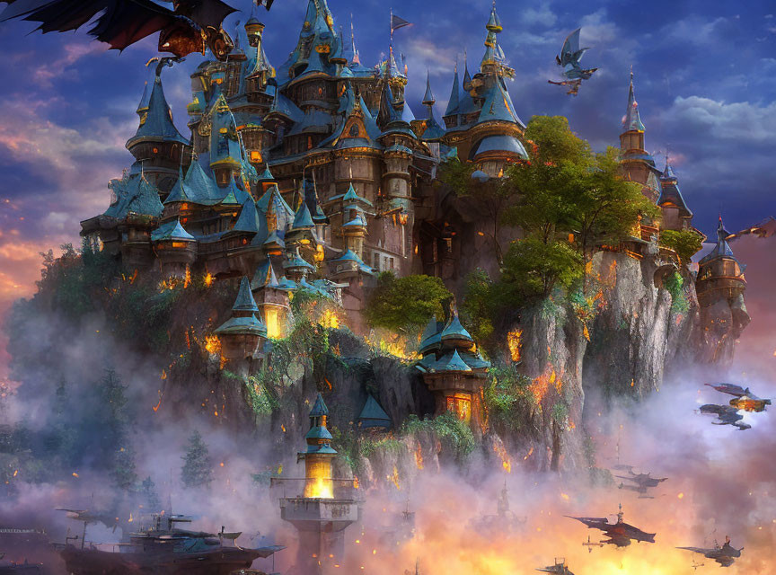 Fantastical castle with spires on misty cliff, airships, dragons flying