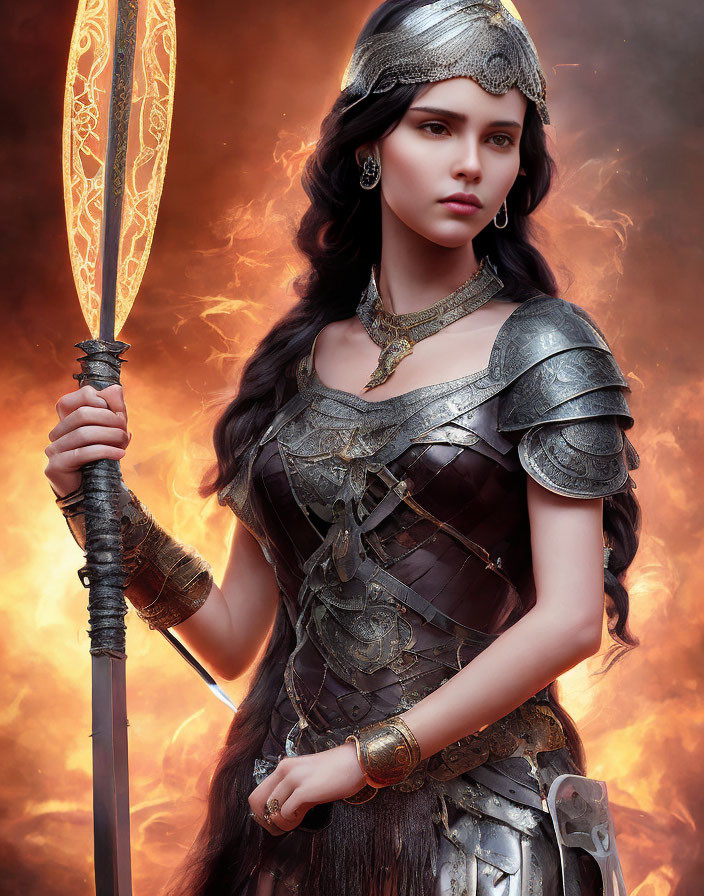 Warrior woman in ornate fantasy armor wields flaming lance in fiery setting