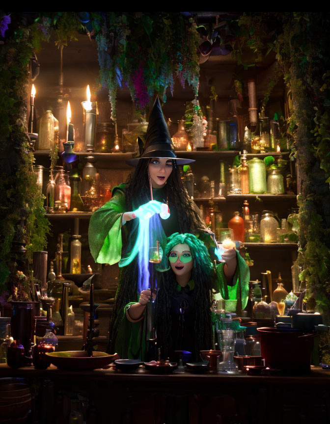 Witch and apprentice casting spell in candlelit apothecary