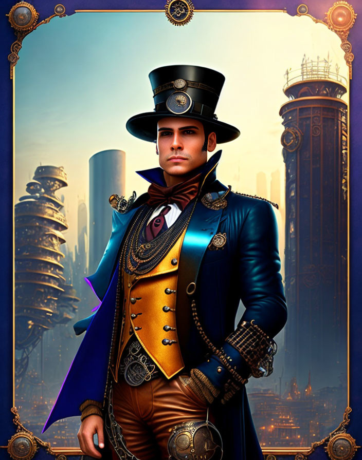 Steampunk-inspired man in top hat and goggles with futuristic cityscape