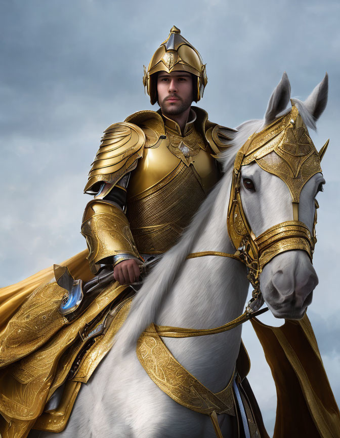 Golden-armored knight on white horse under cloudy sky