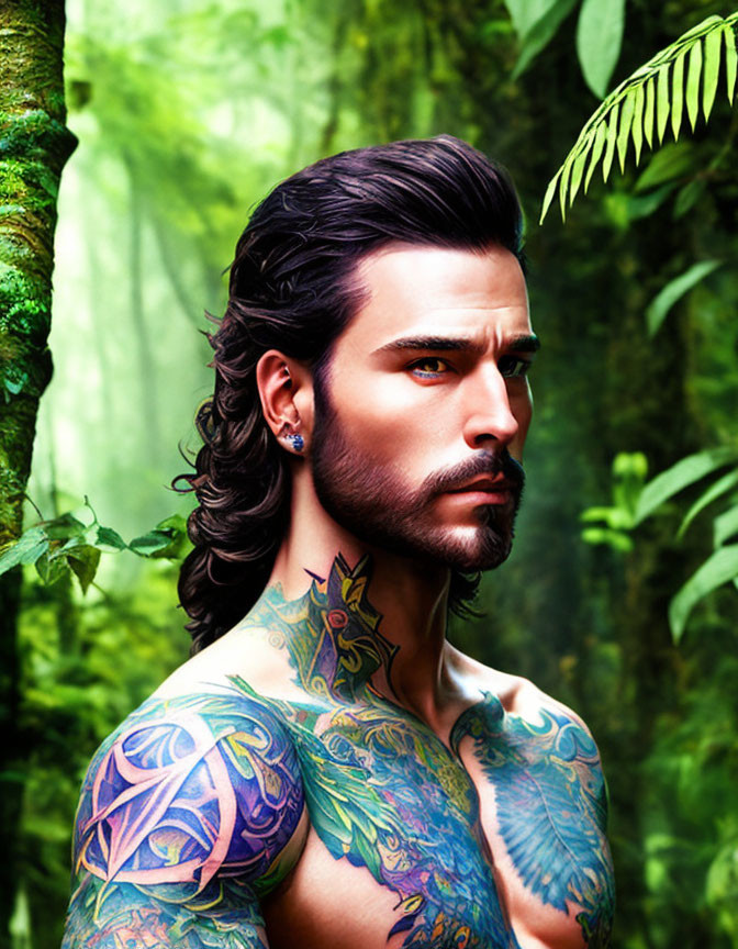 Digital artwork: Man with dark hair, beard, tattoos in jungle.