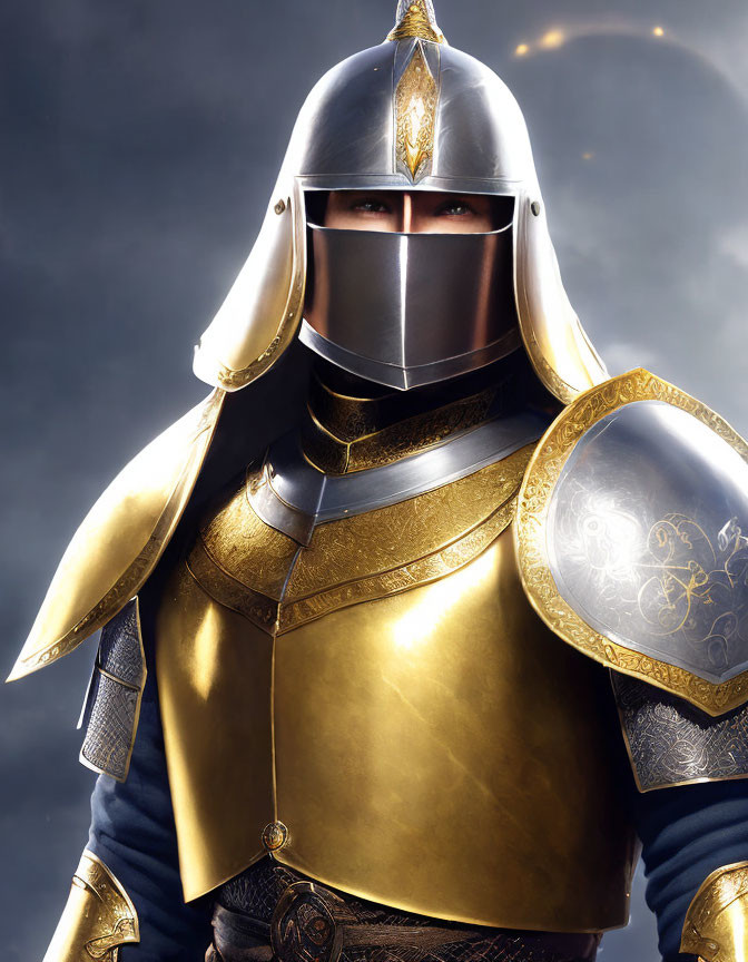 Golden-armored knight in full helmet and visor against dark background.