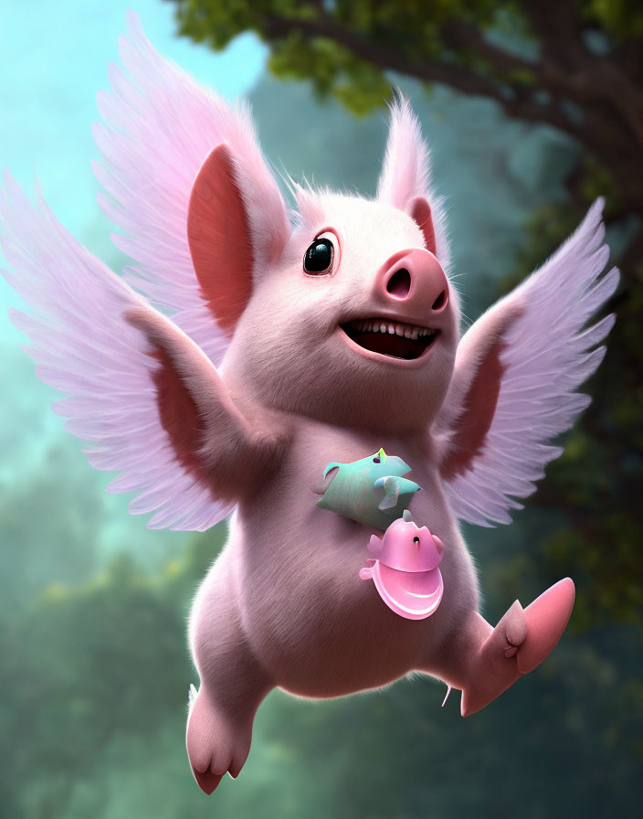 Cheerful animated pig with pink wings flying with dinosaur toy in forest