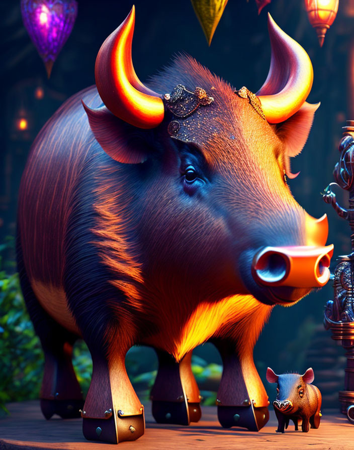 Stylized ornamental boar with glowing horns in mystical forest