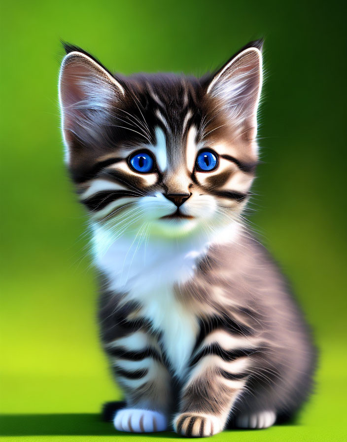 Adorable striped kitten with blue eyes and whiskers on green background