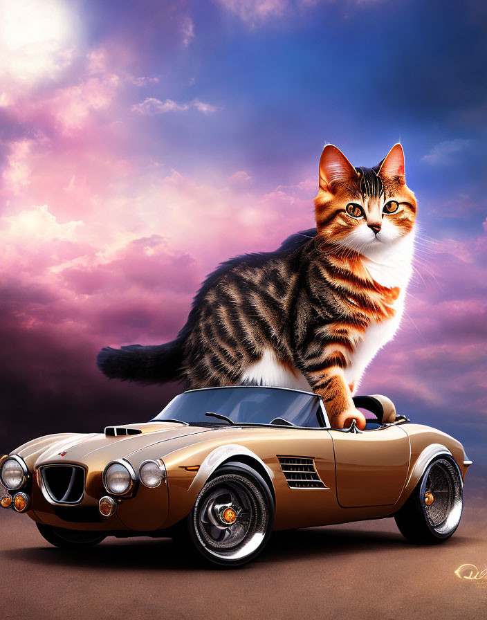 Realistic tabby cat on convertible sports car under purple sky