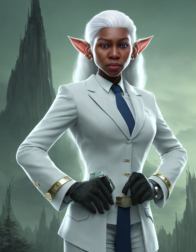 Elf character in white suit with futuristic backdrop