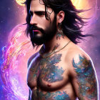 Bearded man with tattoos in mystical purple setting