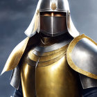 Golden-armored knight in full helmet and visor against dark background.