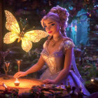 Vintage dress woman gazes at glowing butterfly in magical setting