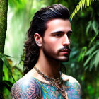 Digital artwork: Man with dark hair, beard, tattoos in jungle.