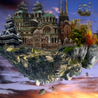 Fantastical castle with spires on misty cliff, airships, dragons flying