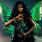 Fantasy illustration of fairy with green wings in black and green outfit