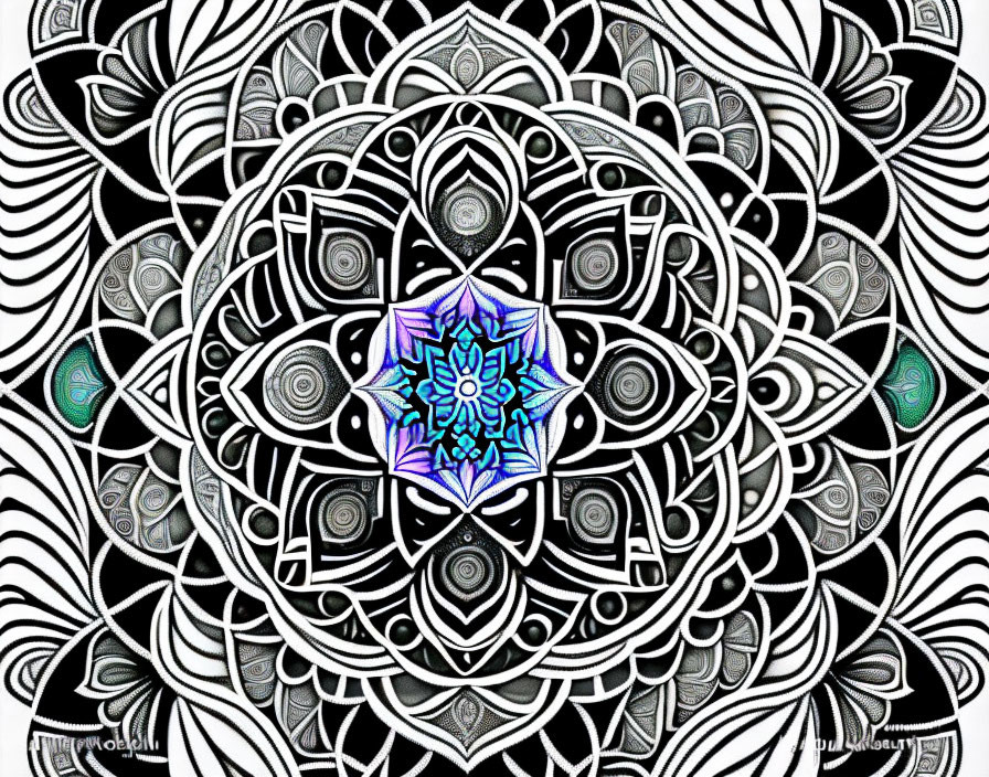 Monochromatic mandala with intricate patterns and colorful kaleidoscopic center