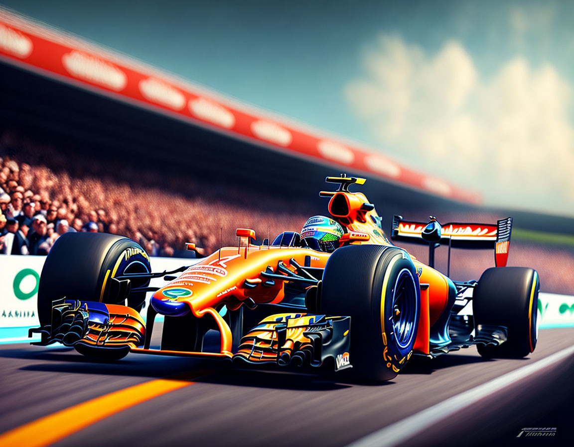 Colorful Formula 1 racing car on track with blurred audience stands