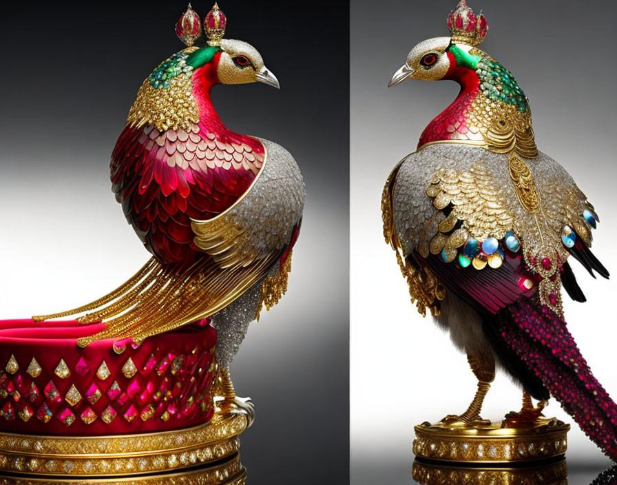 Intricate jeweled peacock sculptures with red, gold, and green hues