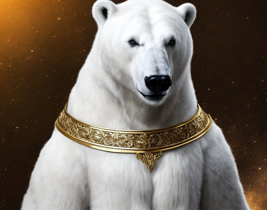 Majestic polar bear with golden collar under starry sky