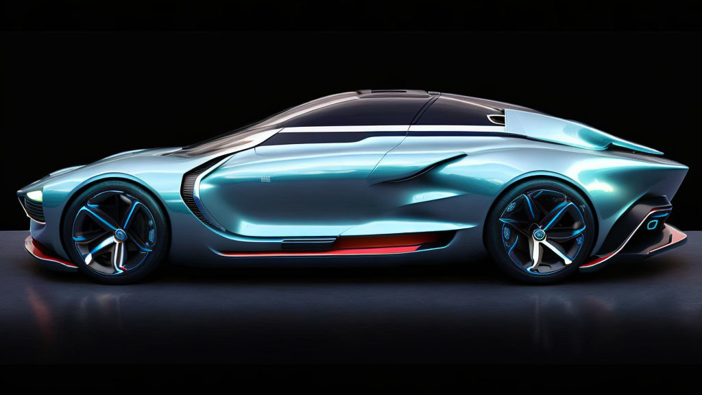 Futuristic teal car with aerodynamic curves and orange underglow