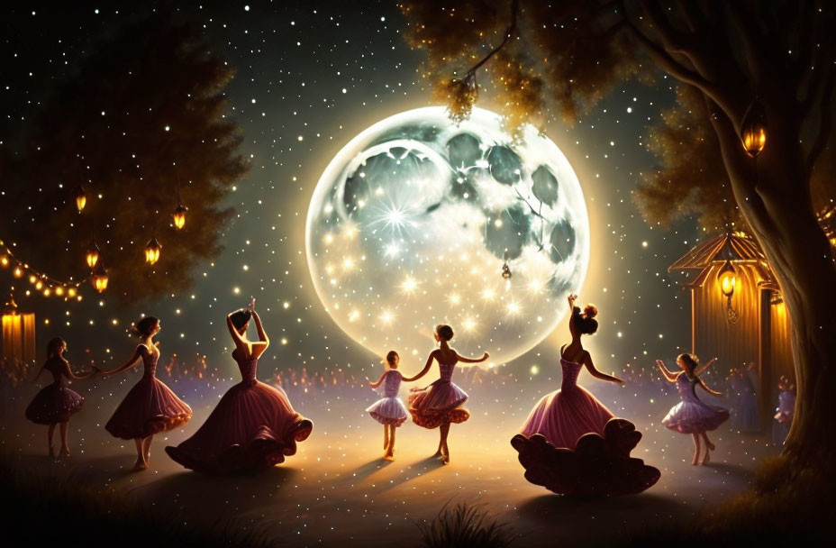 Ballerinas dancing under starry night sky with glowing moon and fairy lights