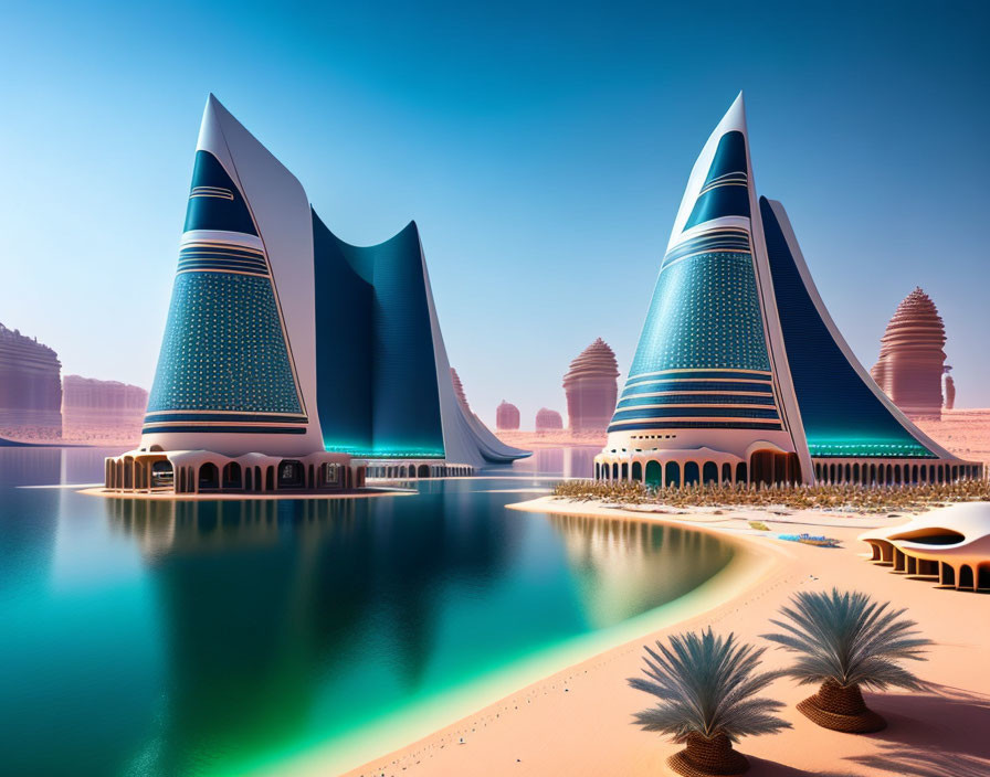 Curved futuristic skyscrapers by tranquil water and sandy beach