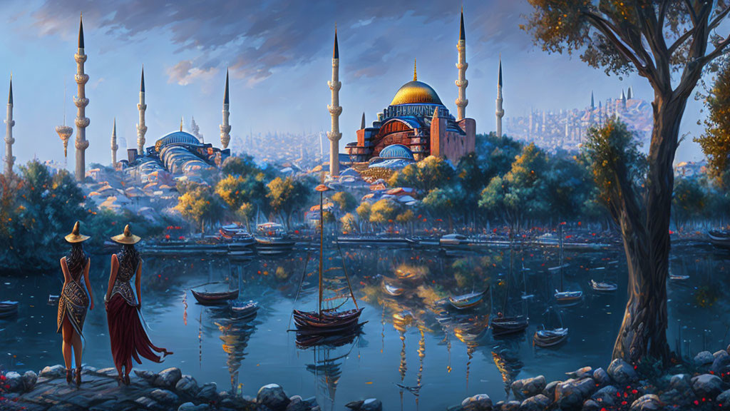 Cityscape with mosque minarets and waterfront view at twilight