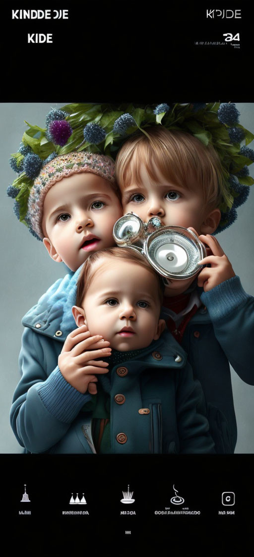 Three children in warm clothes and floral wreaths with a pocket watch.