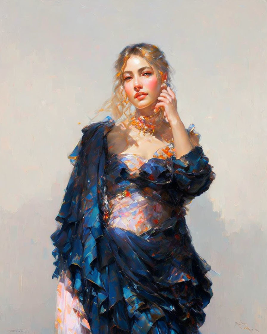 Portrait of a woman in elegant blue dress with hand on cheek