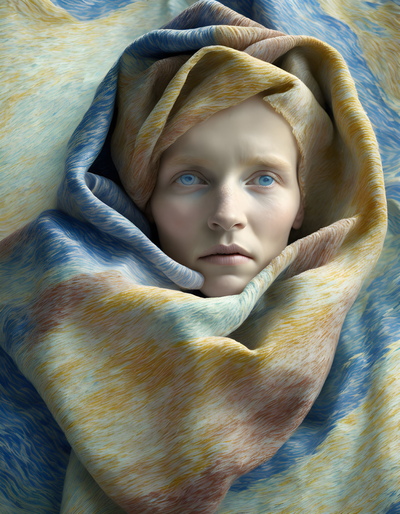 Blue-eyed person in multicolored cloth gazes upwards contemplatively