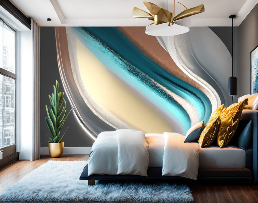 Contemporary Bedroom with Abstract Wall Art and Gold Accents