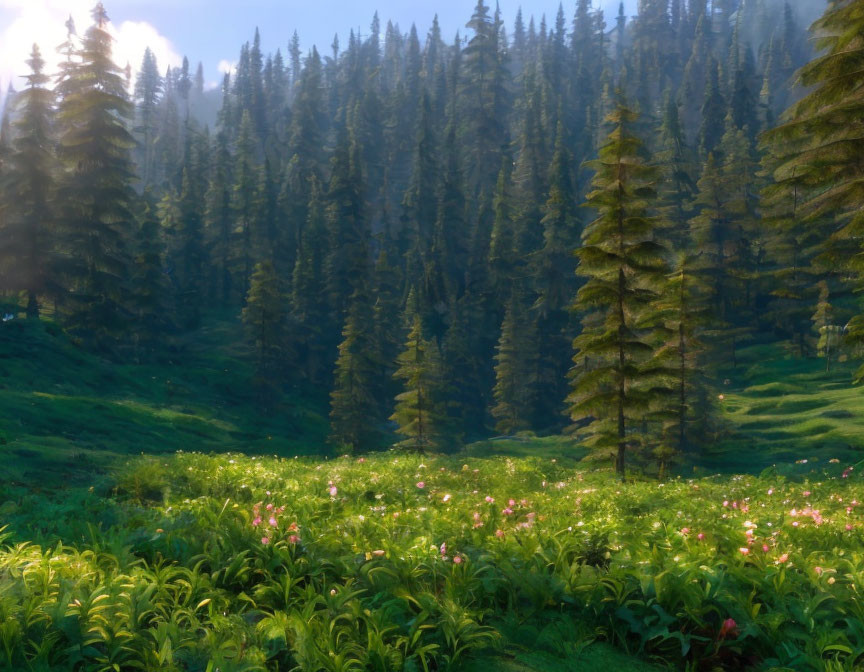 Serene Forest Scene with Meadow, Wildflowers, Pine Trees